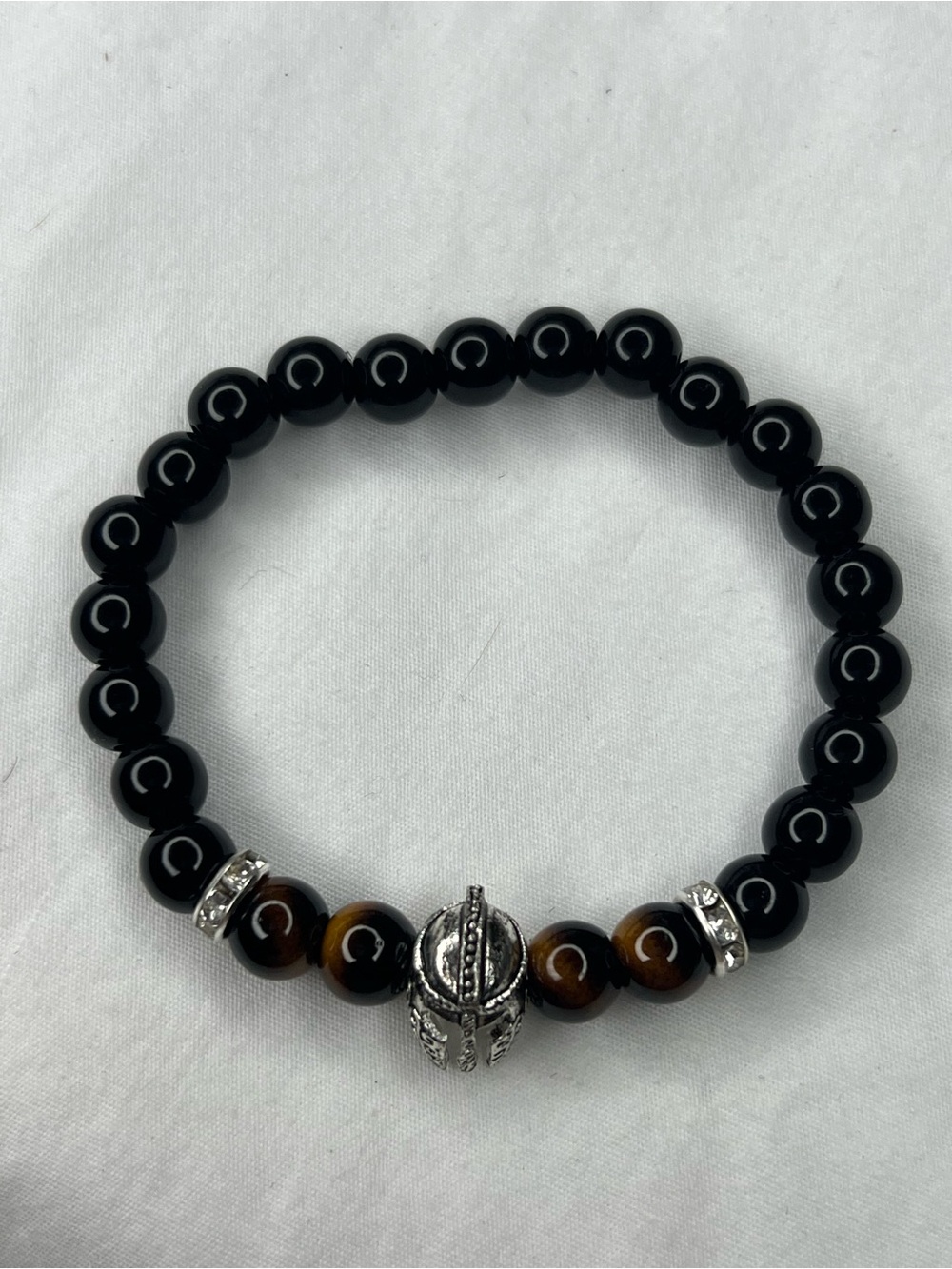 Men's Black Beaded Bracelet with Brown Accent and Silver Spartan Charm